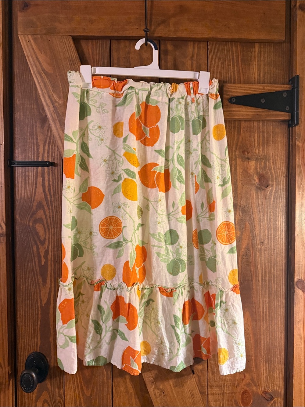 Rachel Zoe Orange and Green Citrus Print Ruffle Midi Skirt